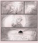  adventurer cave clothed clothing comic curled_hair disappointed english_text hair hi_res human male mammal monochrome solo text torch zoba_(artist) 