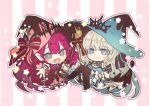  2girls bangs blue_eyes blue_nails blunt_bangs bow bright_pupils chibi dress fairy_knight_tristan_(fate) fairy_knight_tristan_(valentine_witches)_(fate) fate/grand_order fate_(series) grey_eyes hat hat_bow heart holding holding_scepter knees_together_feet_apart long_hair looking_at_viewer mikanmochi morgan_le_fay_(fate) morgan_le_fay_(valentine_witches)_(fate) mother_and_daughter multiple_girls outstretched_arm pink_hair pointy_ears scepter sidelocks simple_background smile striped striped_background white_hair white_pupils witch_hat 