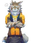  2020 ama_imakuma anthro brown_body brown_fur canid canine canis claws clothed clothing crossed_arms fur gold_(metal) gold_jewelry green_eyes hi_res jackal jewelry lifewonders male mammal seth_(tas) solo striped_body striped_fur stripes tokyo_afterschool_summoners video_games white_body white_fur 