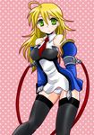  arc_system_works bare_shoulders black_legwear black_thighhighs blazblue blonde_hair detached_sleeves female green_eyes long_hair necktie noel_vermillion panties pantyshot red_ribbon ribbon solo striped striped_panties takanon_(pixiv259581) thighhighs underwear uniform 