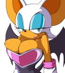  1girl animal_ears apostle blue_eyes breasts cleavage clothed clothing female furry gloves huge_breasts lipstick makeup naughty_face rouge_the_bat sega smile solo sonic_(series) sonic_the_hedgehog tail unknown_artist wings 