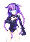  1girl blue_eyes bodysuit braid choujigen_game_neptune compile_heart female gust hair_ornament highres idea_factory leotard long_hair neptune_(choujigen_game_neptune) neptune_(series) nippon_ichi purple_hair purple_heart sega solo super_dimension_game_neptune symbol-shaped_pupils tujigahara twin_braids 