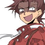  1boy artist_request brown_hair buttons face gloves lloyd_irving looking_at_viewer lowres male male_focus oekaki open_mouth red_gloves ribbon short_hair simple_background solo spiked_hair surprised suspenders tales_of_(series) tales_of_symphonia 