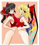  black_hair blonde_hair bottomless bow breast_press breasts flandre_scarlet hair_bow hakurei_reimu kieyza medium_breasts multiple_girls no_panties symmetrical_docking tank_top touhou 