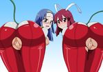  2girls aresta_blanket ass bent_over blue_hair breasts cameltoe ears fight_ippatsu!_juuden-chan!! fight_ippatsu_juuden-chan glasses headband huge_ass latex long_hair looking_at_viewer looking_back multiple_girls plug plug_cryostat presenting purple_eyes pussy pussy_juice red_hair short_hair sideboob smile torn_clothes uncensored wet 