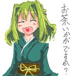  female girl green_hair japanese_clothes kimono lowres open_mouth translation_request wasabikarasi 