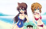  2girls aqua_eyes beach bikini bison_(artist) black_hair blue_eyes blush breasts brown_hair cleavage edogawa_conan glasses green_eyes haibara_ai heart heart-shaped_pupils innertube kudou_shin'ichi kudou_shinichi large_breasts looking_at_viewer meitantei_conan mouri_ran multiple_girls navel_cutout ocean outdoors smile summer swimsuit symbol-shaped_pupils 