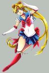  2006 artist_request bishoujo_senshi_sailor_moon blonde_hair boots elbow_gloves gloves long_hair magical_girl marker_(medium) pleated_skirt sailor_moon signature simple_background skirt solo source_request standing standing_on_one_leg traditional_media tsukino_usagi twintails very_long_hair 