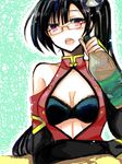  arc_system_works bare_shoulders black_bra black_hair blazblue blazblue:_calamity_trigger bottle bra breasts china_dress chinadress chinese_clothes dress female glasses lingerie litchi_faye_ling long_hair open_mouth purple_eyes solo underwear 