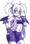  arcana_heart armpits bandeau bangs bat_wings bike_shorts blush breasts choker demon_girl earrings elbow_pads fingerless_gloves gloves grin hair_between_eyes hand_on_hip highres index_finger_raised jewelry lilica_felchenerow looking_at_viewer midriff monochrome nakagami_takashi navel open_clothes open_vest pointy_ears scrunchie short_hair short_twintails simple_background small_breasts smile solo standing twintails unzipped vest white_background wings 