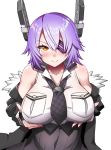  1girl bare_shoulders blush breast_hold breasts checkered checkered_neckwear eyepatch headgear kantai_collection kirigakure_(kirigakure_tantei_jimusho) large_breasts looking_at_viewer necktie off_shoulder orange_eyes purple_hair remodel_(kantai_collection) shirt short_hair sleeveless sleeveless_shirt smile solo tenryuu_(kantai_collection) upper_body 