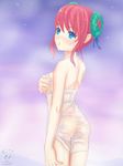  alternate_hairstyle bingsang blue_eyes blush breasts bun_cover covering covering_breasts double_bun hana_(pangya) looking_back medium_breasts pangya pink_hair solo towel wet 