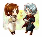  1boy 1girl blue_eyes bracelet brown_eyes capcom cast couple devil_may_cry devil_may_cry_4 dress female jewelry kyrie long_hair male nero nero_(devil_may_cry) orange_hair ponytail pukapuka_(pixiv1577280) short_hair silver_hair trench_coat trenchcoat 