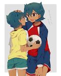  blue_hair boy dark_skin hood hoodie inazuma_eleven inazuma_eleven_(series) male male_focus paradox pat rococo_urupa shorts soccer_ball soccer_uniform sportswear tears time_paradox 