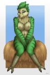  2019 anthro areola avian beak bird bird_feet blue_eyes breasts chest_tuft conditional_dnp digital_media_(artwork) feather_tuft feathers female green_feathers hay hay_bale looking_at_viewer multicolored_feathers nipples nude open_beak open_mouth open_smile pkuai scutes sitting smile solo tan_feathers tongue tuft two_tone_feathers 