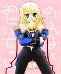  1girl arc_system_works bare_shoulders black_legwear black_thighhighs blazblue blazblue:_calamity_trigger blonde_hair crossed_arms detached_sleeves doll female gloves green_eyes jin_kisaragi kisaragi_jin long_hair male noel_vermillion panties pantyshot red_ribbon ribbon short_hair sitting takanon_(pixiv259581) thighhighs underwear white_panties 