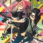 1girl bad_id bad_pixiv_id glasses grin gun highschool_of_the_dead hirano_kouta_(hsotd) ochakai_shin'ya pink_hair rifle smile takagi_saya weapon 