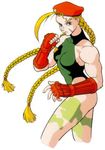  beret blonde_hair blue_eyes body_paint bodypaint braid cammy_white capcom female fingerless_gloves game gloves hat leotard lowres muscle official_art spandex street_fighter street_fighter_ii twin_braids 