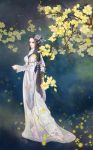  1girl black_hair blue_background branch chinese_clothes dress facial_mark flower forehead_mark full_body green_eyes hair_ornament hair_stick highres long_hair long_sleeves looking_back luna_ouyang original solo standing very_long_hair white_dress 