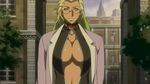  beatrice_grese blassreiter blonde_hair breasts building city cleavage collar dark_skin dress glasses green_eyes green_hair large_breasts multicolored_hair navel no_bra open_clothes open_dress open_shirt screencap shirt solo two-tone_hair 