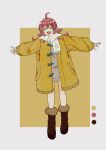  1girl ^_^ ^o^ absurdres ahoge blush closed_eyes coat color_guide full_body fur-trimmed_footwear highres idolmaster idolmaster_shiny_colors komiya_kaho outstretched_arms plaid plaid_scarf red_hair scarf simple_background smile solo teteraraforest yellow_background yellow_coat 