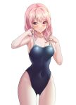  1girl absurdres ass_visible_through_thighs bang_dream! bangs bare_arms bare_shoulders blue_one-piece_swimsuit blush breasts closed_mouth commentary_request covered_navel cowboy_shot groin hands_up highres large_breasts lifted_by_self long_hair looking_at_viewer maruyama_aya medium_breasts pink_eyes pink_hair ptal school_swimsuit simple_background smile solo standing strap_lift swimsuit white_background 