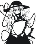  1girl angry bags_under_eyes bandaid bandaid_on_eye bangs black_headwear blouse bow bright_pupils closed_mouth cowboy_shot eyeball frilled_shirt_collar frilled_sleeves frills frown greyscale hat hat_bow hat_ribbon heart heart_of_string high_contrast highres komeiji_koishi long_hair long_sleeves looking_at_viewer messy_hair monochrome reverinth ribbon shirt sidelocks simple_background solo tears third_eye touhou v-shaped_eyebrows wavy_hair white_background wide_sleeves 