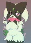  absurd_res anthro breasts female generation_9_pokemon genitals green_body hi_res japanese_text lemonspark_nwt looking_at_viewer meowscarada nintendo nipples open_mouth pokemon pokemon_(species) purple_eyes pussy solo text video_games 