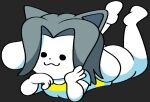  anthro big_butt black_eyes bottomless butt canid canine canis clothed clothing domestic_dog felid feline female grey_hair hair lying mammal on_front shirt smile solo tem temmie_(undertale) topwear undertale undertale_(series) video_games vilepluff white_body 