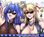  +++ 2girls :3 :d absurdres ahoge american_flag arm_up armpits azur_lane bangs bare_shoulders black_shirt blonde_hair blue_hair bodystocking breasts cleavage collarbone commentary_request crossover deal_with_it_(meme) elbow_gloves front-tie_top gloves hair_between_eyes hair_intakes highres hikakin iowa_(kancolle) kantai_collection kome_cola large_breasts laughing long_hair meme meowfficer_(azur_lane) multiple_girls new_jersey_(azur_lane) open_clothes open_mouth open_shirt parody shirt side-by-side sidelocks sleeveless sleeveless_shirt smile sparkle sunglasses trait_connection upper_body very_long_hair white_gloves 