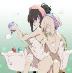  2girls ass bangs bathtub bite_mark black_hair blonde_hair bob_cut breasts bubble claw_foot_bathtub clothes_lift hair_up hand_under_clothes holding holding_sponge inoue_takina long_hair looking_at_another lycoris_recoil medium_breasts multiple_girls naked_towel nishikigi_chisato purple_eyes rubber_duck shioneko114 short_hair sponge towel towel_lift updo wet white_towel yuri 