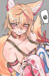  1girl animal_ear_fluff animal_ears asymmetrical_legwear bangs bare_shoulders black_choker blonde_hair blush breasts choker cleavage fox_ears fox_tail gloves grey_background highres kakult2017 knees_up large_breasts looking_at_viewer mismatched_legwear multicolored_hair multicolored_nails omaru_polka original parted_lips pink_eyes red_gloves short_hair simple_background single_glove sitting solo spoken_squiggle squiggle streaked_hair tail thighhighs virtual_youtuber 