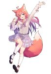  1girl :d animal_ears arm_cutout arm_up blue_eyes fox_ears fox_girl fox_tail full_body gradient_hair heterochromia highres indie_virtual_youtuber kitsui_akira long_hair long_sleeves looking_at_viewer mary_janes multicolored_hair pink_hair plaid plaid_skirt purple_hair red_eyes seion shirt shoes skirt smile tail white_shirt 