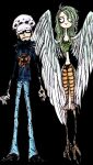  1boy 1girl arm_tattoo bird_legs black_background denim facial_hair fur_trim goatee green_hair harpy jeans lanky_male long_hair mawari28 midriff monet_(one_piece) monster_girl navel one_piece pants pantyhose short_hair tank_top tattoo tim_burton_(style) trafalgar_law white_headwear wings 