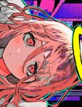  1boy :&lt; angel_devil_(chainsaw_man) bangs chainsaw_man hair_between_eyes halo highres long_hair looking_at_viewer messy momae_makku pink_eyes pink_hair sideways solo translucent_hair white_wings wings 