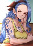  1girl ^_^ aosora2823 arm_rest arm_tattoo bandages bare_arms bare_shoulders blue_hair breasts chest_tattoo cleavage closed_eyes closed_mouth elbow_rest facing_viewer hairband hand_on_own_cheek hand_on_own_face hand_up highres indoors leaning_to_the_side light_blush long_hair nojiko one_piece overalls shoulder_tattoo smile solo tan tattoo upper_body very_long_hair 