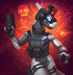  2022 3_fingers abstract_background anthro clothing english_text featureless_crotch fingers hi_res holding_object holding_weapon machine male mrjairorate pouches robot solo synth_(vader-san) text topwear vest weapon 