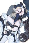  1girl absurdres armpits arms_behind_head arms_up bangs black_gloves blonde_hair blue_archive blue_eyes blurry blurry_background blurry_foreground blush breasts cable closed_mouth elbow_gloves exoskeleton eyelashes eyewear_on_head feet foot_out_of_frame gatling_gun gloves grey_background halo heel-less_legwear heel_pop highleg highleg_leotard highres iuui knee_up large_breasts legs leotard looking_at_viewer mecha_musume minigun nail_polish nipples shadow short_hair sideboob sidelocks simple_background skindentation sleeveless_turtleneck_leotard solo stirrup_legwear swept_bangs thigh_strap thighhighs thighs toeless_legwear toenail_polish toenails toes toki_(blue_archive) white_thighhighs 