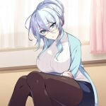  1girl arms_under_breasts black_pantyhose blue_eyes blue_hair breasts closed_mouth commentary_request curtains gradient_hair indoors large_breasts long_sleeves multicolored_hair original pantyhose puuzaki_puuna sidelocks sitting solo thighs yukino_(zeroshiki_kouichi) 