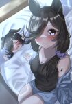  alternate_costume alternate_hairstyle bed black_hair breasts casual cleavage commentary_request hair_over_one_eye highres horse_girl horse_tail looking_at_viewer medium_breasts mother_and_daughter rice_shower_(umamusume) sitting sleeping smile tail umamusume zen45013760 