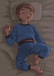  1boy a-roku_(eeroku) barefoot bed_sheet blue_pajamas brown_hair bulge erection erection_under_clothes lying male_child navel on_bed open_mouth original pajamas pillow short_hair sleeping solo 