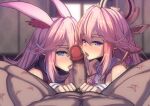  1boy 2girls animal_ears bangs bare_shoulders blurry blurry_background blush censored company_connection dark-skinned_male dark_skin earrings erection fellatio ffm_threesome fox_ears genshin_impact group_sex hair_ornament honkai_(series) honkai_impact_3rd indoors japanese_clothes jewelry lao_meng licking licking_penis long_hair looking_at_viewer male_pubic_hair mihoyo mosaic_censoring multiple_girls name_connection open_mouth oral penis pink_hair pov pubic_hair purple_eyes sakura_ayane threesome tongue tongue_out trait_connection voice_actor_connection yae_miko yae_sakura yae_sakura_(gyakushinn_miko) 