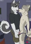  age_difference anthro axel bulge canid canine chris_(disambiguation) clothing clothing_aside duo hi_res kiss_on_lips male male/male mammal rubbing size_difference tongue touching_thigh underwear underwear_aside wolfyalex96 
