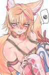  1girl animal_ear_fluff animal_ears asymmetrical_legwear bangs bare_shoulders black_choker blonde_hair blush breasts choker cleavage fox_ears fox_tail gloves highres kakult2017 knees_up large_breasts looking_at_viewer mismatched_legwear multicolored_hair multicolored_nails omaru_polka original parted_lips pink_eyes red_gloves short_hair simple_background single_glove sitting solo spoken_squiggle squiggle streaked_hair tail thighhighs virtual_youtuber white_background 