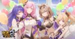  4girls animal_ears balloon bangs bare_shoulders blonde_hair blue_eyes bow breasts brown_hair cat_ears cleavage dress elysia_(honkai_impact) fischl_(genshin_impact) flat_chest hair_bow hair_ornament hair_over_one_eye hairband highres honkai_(series) honkai_impact_3rd kuroduki_(pieat) large_breasts long_hair looking_at_viewer multiple_girls one_eye_closed pardofelis_(honkai_impact) pink_hair purple_eyes purple_hair raiden_mei skirt smile teeth white_dress 