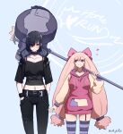  2girls artbydefault black_hair blonde_hair blue_background blush collar collarbone corviknight hair_over_one_eye hammer hand_in_pocket highres holding holding_hammer hood hoodie long_hair midriff multiple_girls pants personification pokemon pokemon_(game) pokemon_sv purple_eyes red_eyes short_hair shoulder_spikes smile spiked_collar spikes sweat thighhighs tinkaton twintails weapon 