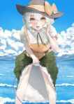  1girl adapted_costume bangs bare_legs beach bent_over black_headwear blue_sky bow clothes_lift cloud cloudy_sky cumulonimbus_cloud day feet_out_of_frame green_ribbon hair_between_eyes hat hat_bow highres horizon komeiji_koishi lake legs_apart lifted_by_self light_green_hair looking_at_viewer mountain ocean open_mouth outdoors petticoat puffy_short_sleeves puffy_sleeves ribbon short_hair short_sleeves shshs_budai skirt skirt_hold skirt_lift sky smile solo teeth touhou upper_teeth wading water waves yellow_bow 