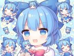  &gt;_&lt; 6+girls ahoge blue_bow blue_dress blue_eyes blue_footwear blue_hair blush bow cirno closed_eyes closed_mouth collared_shirt detached_wings dress drooling fairy hair_between_eyes hair_bow ice ice_wings multiple_girls multiple_persona one_eye_closed open_mouth pjrmhm_coa puffy_short_sleeves puffy_sleeves shirt shoes short_hair short_sleeves smile socks touhou white_shirt white_socks wings 