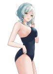  1girl absurdres adjusting_clothes adjusting_swimsuit aqua_hair bang_dream! bangs bare_arms bare_shoulders blue_one-piece_swimsuit blush bow braid breasts collarbone commentary_request cowboy_shot from_side green_eyes hair_between_eyes hair_bow hand_up highres hikawa_hina holding holding_hair looking_at_viewer looking_to_the_side medium_breasts medium_hair parted_lips ptal school_swimsuit side_braids sideboob smile solo standing strap_gap swept_bangs swimsuit twin_braids yellow_bow 