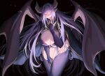  10den 1girl alma_elma breast_tattoo breasts cape claws cleavage commission demon_girl demon_horns demon_tail demon_wings fangs glowing glowing_eyes highres horns large_breasts licking licking_finger long_hair looking_at_viewer mon-musu_quest! monster_girl naughty_face pointy_ears purple_hair red_eyes revealing_clothes skeb_commission tail tattoo wings 